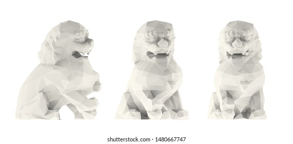 Light Guardian Lion. Set of Isolated White Chinese Lions on White Background. Low Poly Vector 3D Rendering