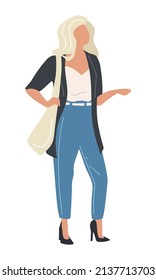 Light haired woman wearing jeans and heels semi flat color vector character. Standing figure. Full body person on white. Simple cartoon style illustration for web graphic design and animation