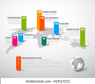 Light halftone World map infographic template with globe, color pointer marks and data numbers visualization. 