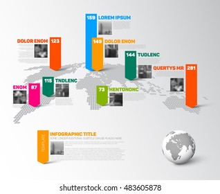 Planilla de infografía de mapas mundiales de semitono claro con globo, fotos, marcas de puntero de color y visualización de números de datos.