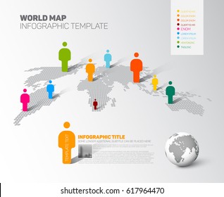 Plantilla infográfica de mapa mundial de semitono claro con globo, iconos de personas de color como visualización de datos.