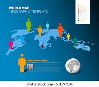 Light halftone World map infographic template with globe,  color people icons as data visualization - blue version