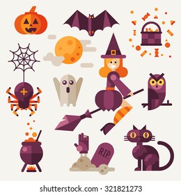 Light halloween set. Halloween attributes: pumpkin, bat, spider with web, owl, witch on a broom, black cat, grave, pot ,spooky ghost. Flat vector illustration set. 