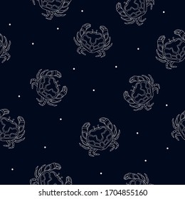 Light hand drawn crabs with dots on dark background. Seamless underwater pattern.