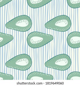 Light hand drawn fruit pattern with avocados shapes. Green pastel food ornament on background with white and blue strips. Perfect for wallpaper, textile, wrapping, fabric print. Vector illustration.