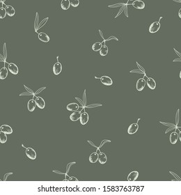 Light hand drawn olives with leaf on calm green background. Seamless food pattern. Suitable for wallpaper, wrapping.