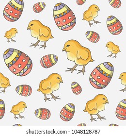 Light  hand drawn seamless pattern with chickens and Easter eggs.  Happy Easter background.