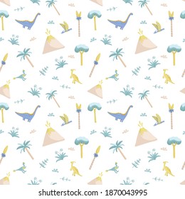 Light hand drawn seamless pattern with dinosaurs and ancient nature. Perfect for textile, kids fabric, nursery wallpaper. Cute dinosaurs. Vector illustration.