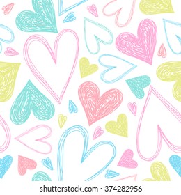 Light hand drawn seamless pattern with colorful hearts