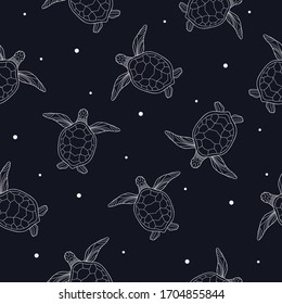 Light hand drawn simple turtles with white dots on black background. Seamless animal sea pattern. Suitable for packaging, textile.
