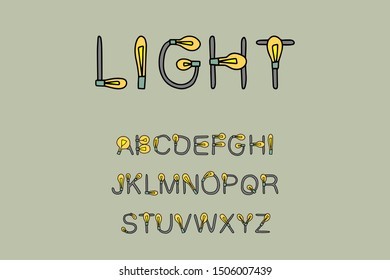 Light hand drawn vector illustration lettering type abc alphabet in cartoon style bulbs