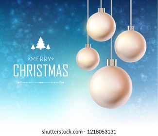 Light Happy New Year template with realistic hanging Christmas baubles and inscription on glowing blue blurred background vector illustration