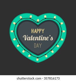 Light heart frame with bulbs in flat style. Vector retro billboards. Congratulations on Valentine's Day.
