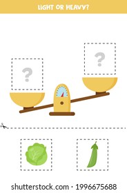 Light or heavy. Educational worksheet with scales. Introduction of weigh for kids.