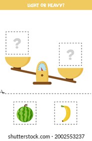 Light or heavy. Educational worksheet with scales. Introduction of weight for kids.