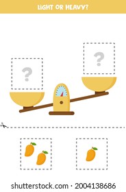 leicht oder schwer. Bildungs-Arbeitsblatt mit Skala. Einführung von Gewicht für Kinder.