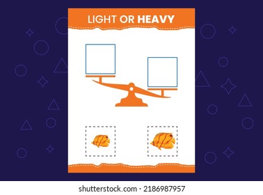 Light or heavy educational worksheet with scales. Heavier and lighter weight object learning