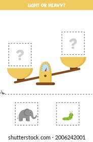 Light, heavy or equal. Educational worksheet with scales. Introduction of weight for kids.