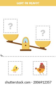 Light, heavy or equal. Educational worksheet with scales. Introduction of weight for kids.