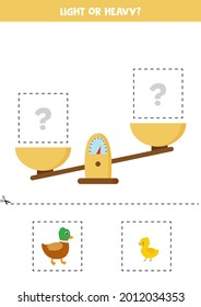 Light, heavy or equal. Educational worksheet with scales. Introduction of weight for kids.