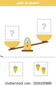 Light, heavy or equal. Educational worksheet with scales. Introduction of weight for kids.