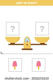 Light, heavy or equal. Educational worksheet with scales. Introduction of weight for kids.