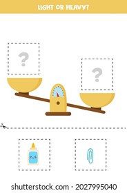 Light, heavy or equal. Educational worksheet with scales. Introduction of weight for kids.