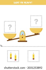 Light, heavy or equal. Educational worksheet with scales. Introduction of weight for kids.