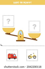 Ligero, pesado o igual. Hoja de cálculo educativa con escalas. Introducción de peso para los niños.
