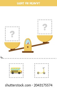 Light, heavy or equal. Educational worksheet with scales. Introduction of weight for kids.