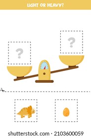 Light, heavy or equal. Educational worksheet with scales. Introduction of weight for kids.