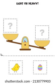 Light, heavy or equal. Educational worksheet with scales. Introduction of weight for kids.