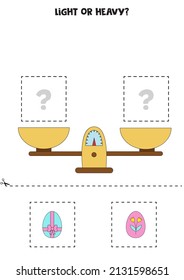 Light, heavy or equal. Educational worksheet with scales. Introduction of weight for kids.