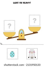 Light, heavy or equal. Educational worksheet with scales. Introduction of weight for kids.