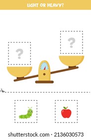 Light, heavy or equal. Educational worksheet with scales. Introduction of weight for kids.