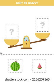 Light, heavy or equal. Educational worksheet with scales. Introduction of weight for kids.