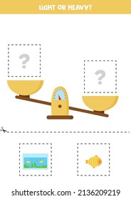 Light, heavy or equal. Educational worksheet with scales. Introduction of weight for kids.