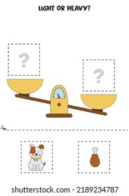 Light, heavy or equal. Educational worksheet with scales. Introduction of weight for kids.