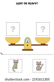 Light, heavy or equal. Educational worksheet with scales. Introduction of weight for kids.