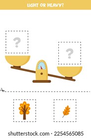 Light, heavy or equal. Educational worksheet with scales. Introduction of weight for kids.