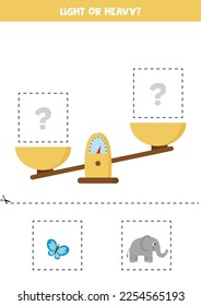 Light, heavy or equal. Educational worksheet with scales. Introduction of weight for kids.