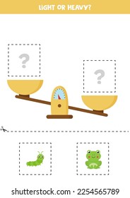 Light, heavy or equal. Educational worksheet with scales. Introduction of weight for kids.