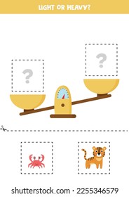 Light, heavy or equal. Educational worksheet with scales. Introduction of weight for kids.