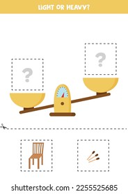 Light, heavy or equal. Educational worksheet with scales. Introduction of weight for kids.