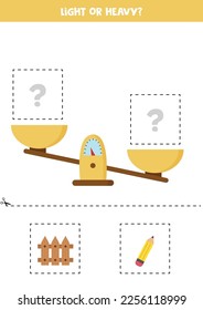 Light, heavy or equal. Educational worksheet with scales. Introduction of weight for kids.