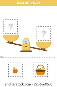 Light, heavy or equal. Educational worksheet with scales. Introduction of weight for kids.