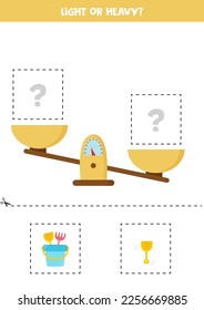 leicht, schwer oder gleich. Bildungs-Arbeitsblatt mit Skala. Einführung von Gewicht für Kinder.