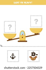 Light, heavy or equal. Educational worksheet with scales. Introduction of weight for kids.