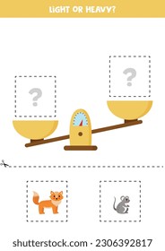 Light, heavy or equal. Educational worksheet with scales. Introduction of weight for kids.