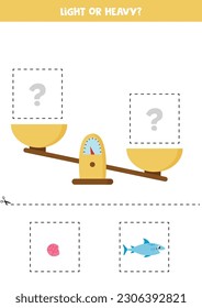 Light, heavy or equal. Educational worksheet with scales. Introduction of weight for kids.